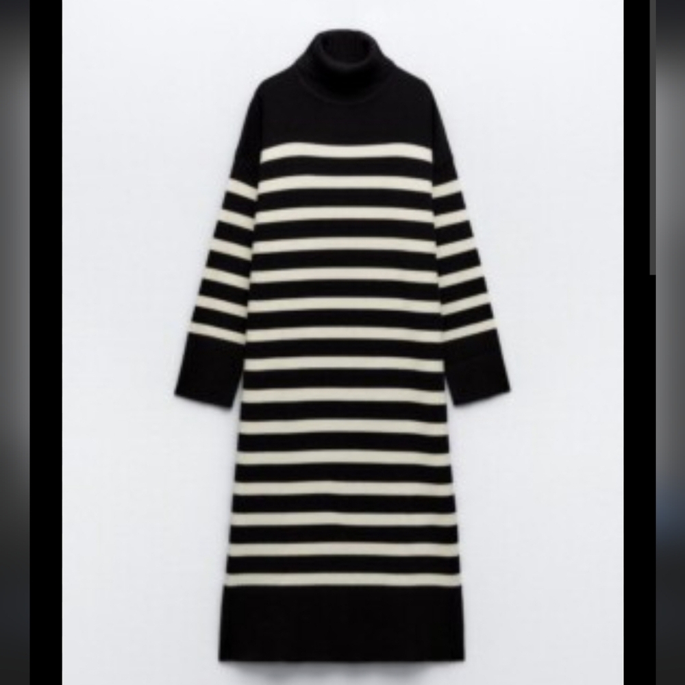 Zara Black and White Striped Long Sleeve Dress
